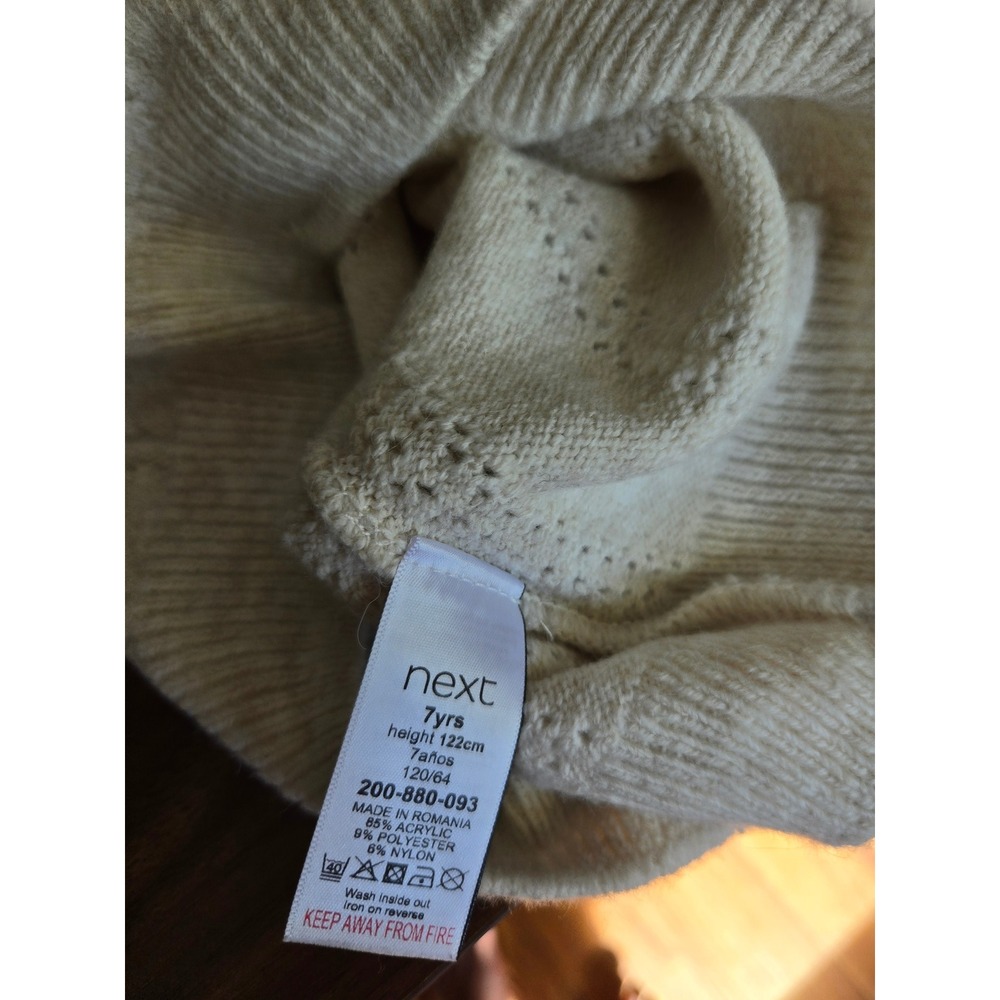 Next Kids Cream Pointelle Ruffle Neck Puff Sleeve Knit Sweater Size 7 Years - Picture 6 of 6